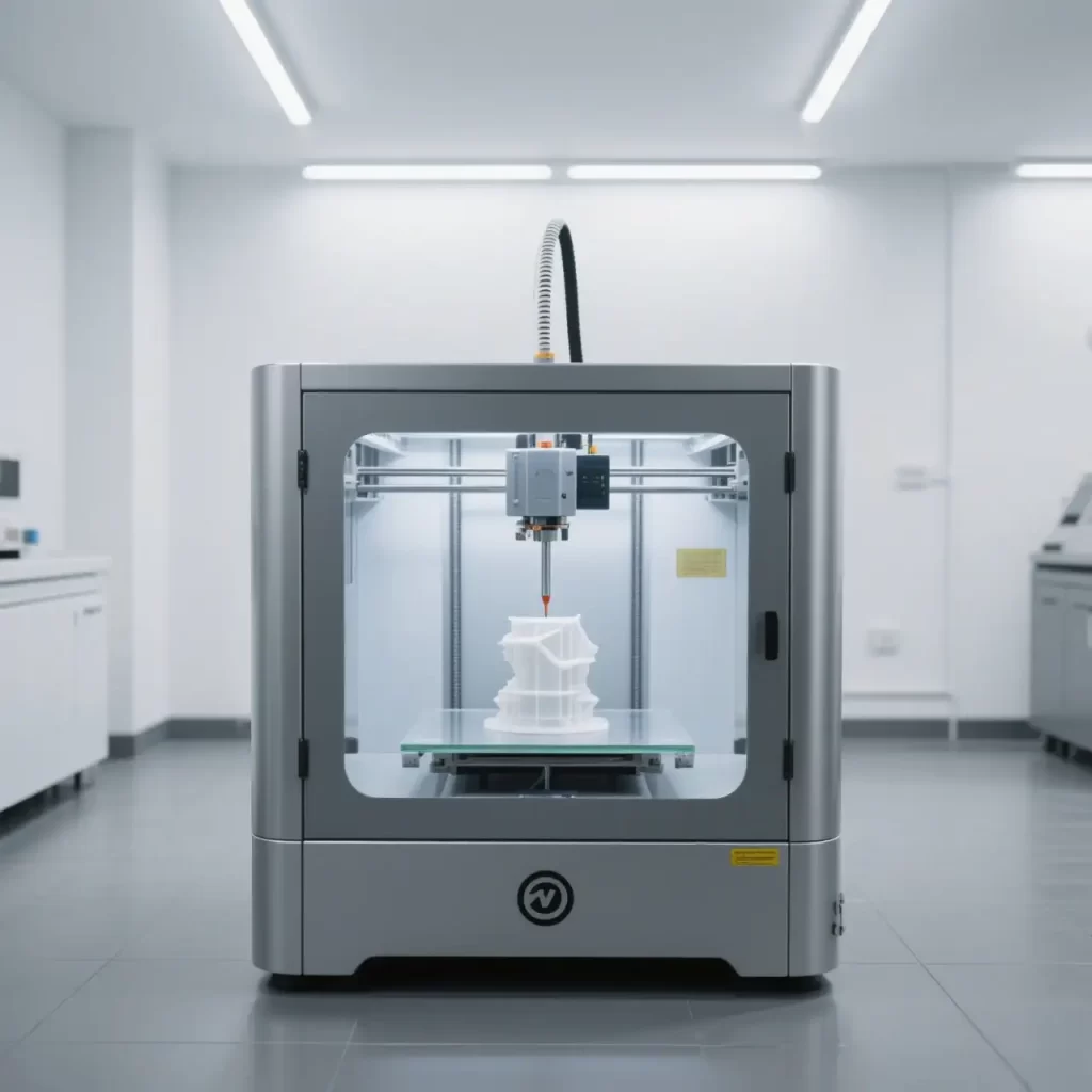 A 3D printer creates a white object in a clean laboratory, a vital tool for intelligent manufacturing.