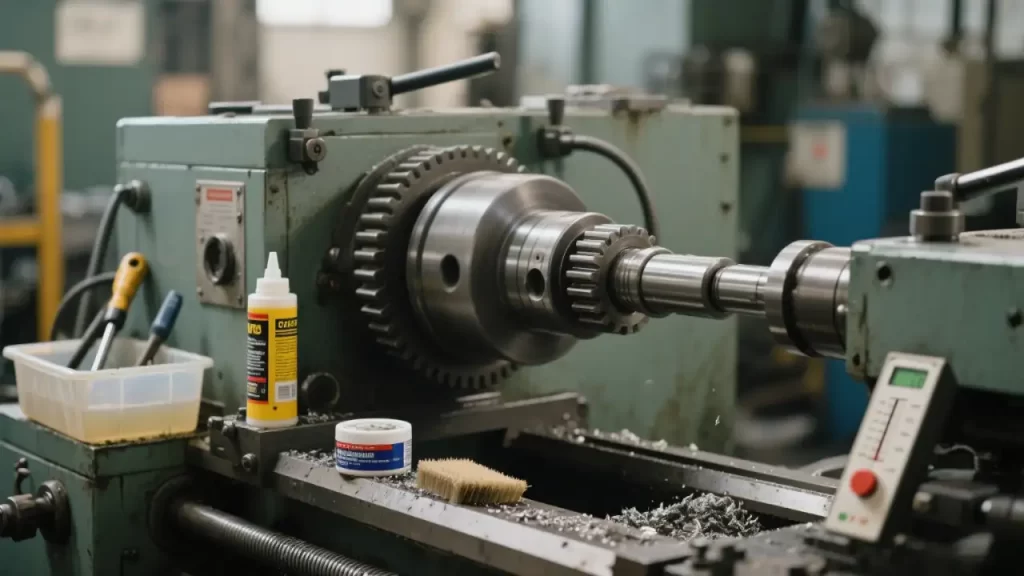 This picture shows the gear assembly of a CNC machine with maintenance supplies beside it, representing the comprehensive mechanical inspection and maintenance of transmission components in the annual maintenance of the CNC machine maintenance calendar.
