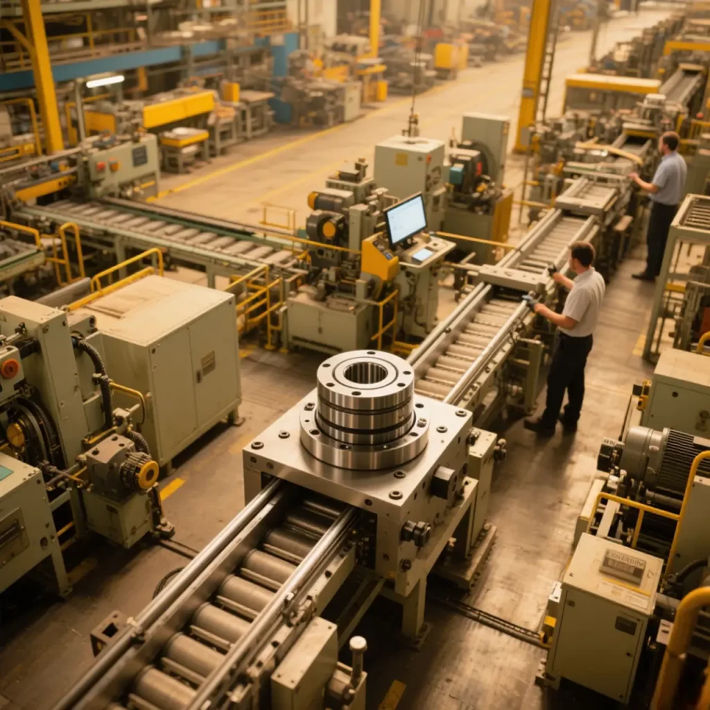 Linear bearings on an automated production line, surrounded by mechanical equipment and conveyors, play a supporting and guiding role, and there are operators nearby