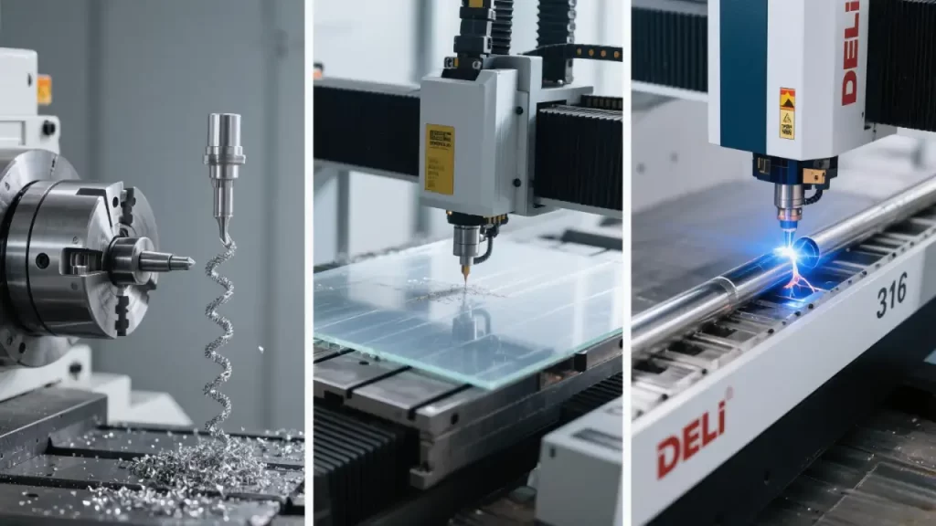 CNC machining showcasing diverse materials processing: metal turning with spiral chips, precision milling on transparent polycarbonate, and laser cutting on 316 stainless steel pipe – demonstrating flexibility in aerospace, automotive, and medical manufacturing.