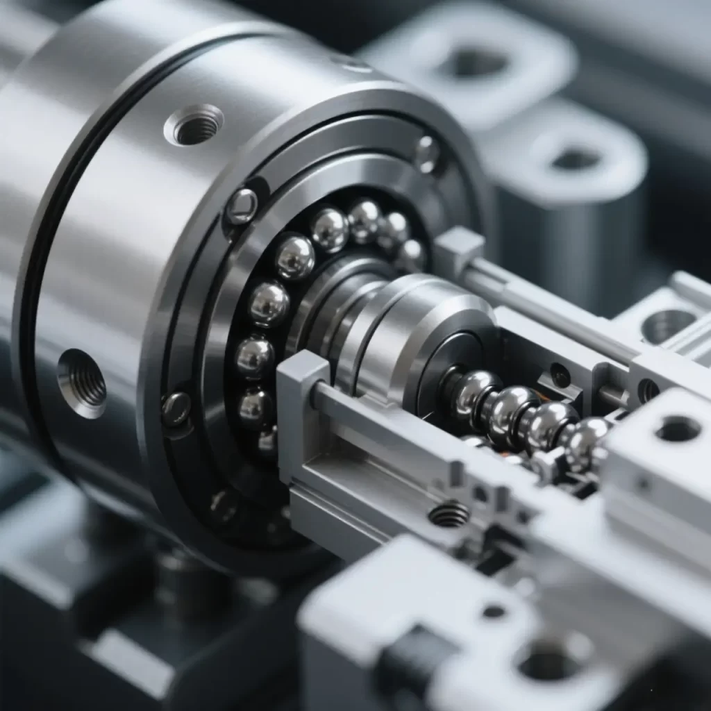 Close-up of the interior of the linear bearing, with the balls and cage clearly visible, and the precision manufacturing process