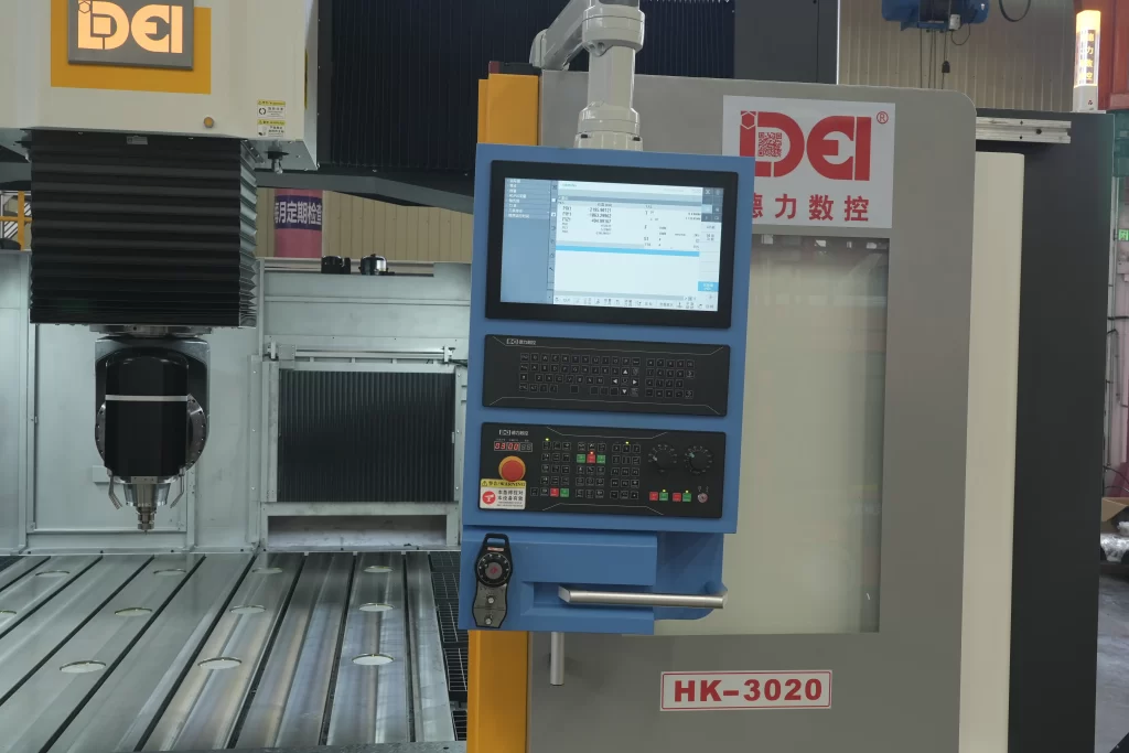DEI HK-3020 CNC machining center showcasing its precision control panel with G-code programming interface. Designed for high-accuracy metal profile machining (e.g., aluminum, steel), featuring automated toolpaths, real-time data monitoring, and industrial-grade durability for aerospace/automotive custom component production.