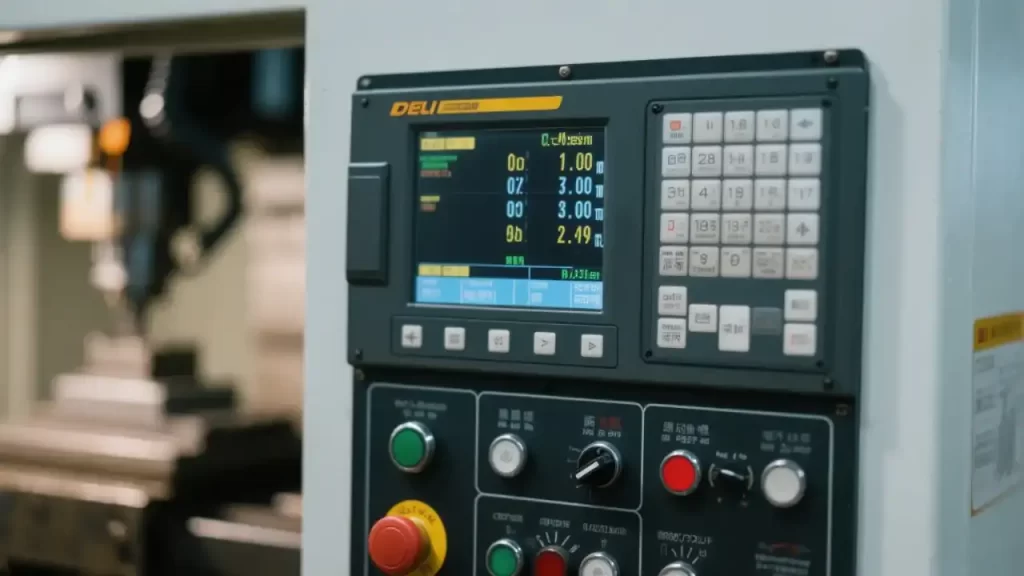 A close-up of the DELI CNC milling machine’s control panel, displaying real-time machining parameters (e.g., tool path, precision settings) on its digital interface. Highlights the advanced control system enabling micron-level accuracy and dynamic adjustments.