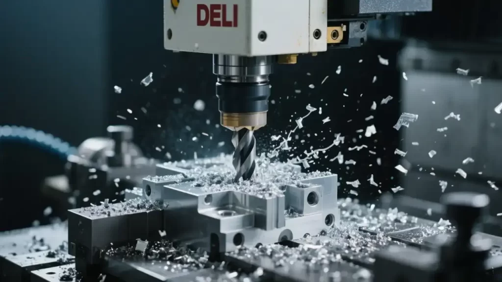 Close-up of a DELI CNC milling machine in action: a high-strength alloy tool cuts a metal workpiece, with flying shavings emphasizing high-speed, micron-level precision. Showcases the machine’s capability for complex, accurate machining.