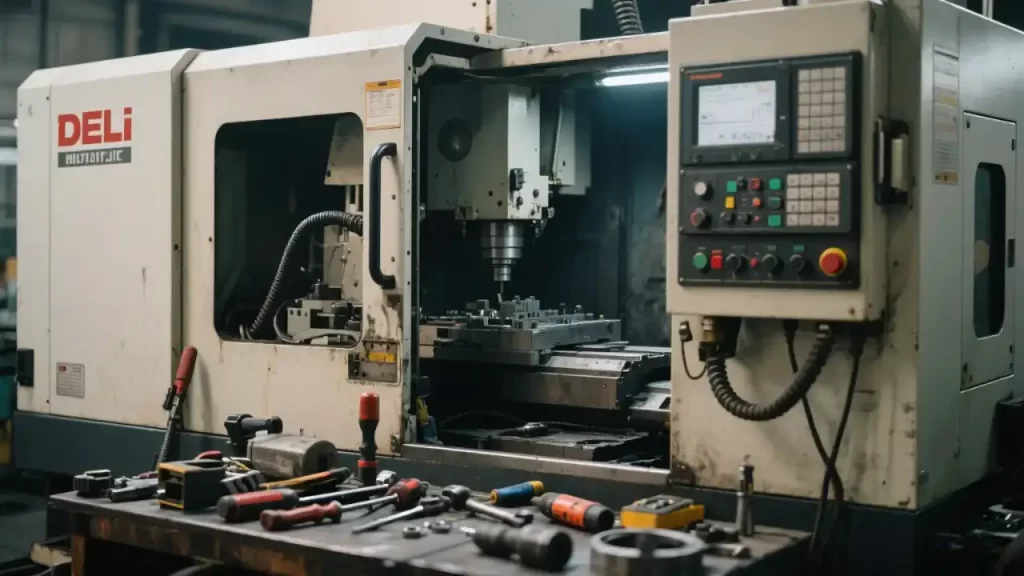 A DELI CNC milling machine operating in an industrial workshop environment, surrounded by machining tools and workpieces. Illustrates the machine’s role in high-precision manufacturing workflows, aligning with aerospace/automotive industry demands.