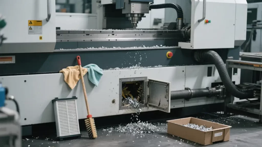 This image depicts a CNC machine with metal chips around it, highlighting the importance of daily cleaning to prevent chips from affecting the machine's precision and performance