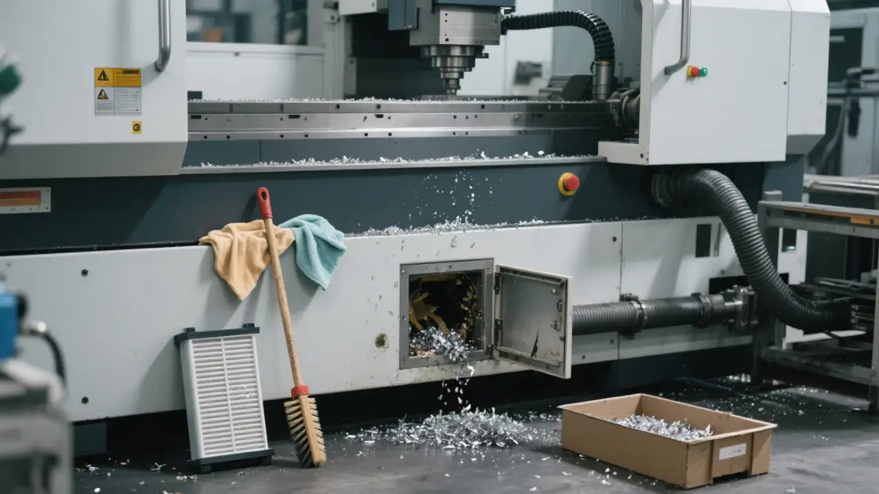 This image depicts a CNC machine with metal chips around it, highlighting the importance of daily cleaning to prevent chips from affecting the machine's precision and performance