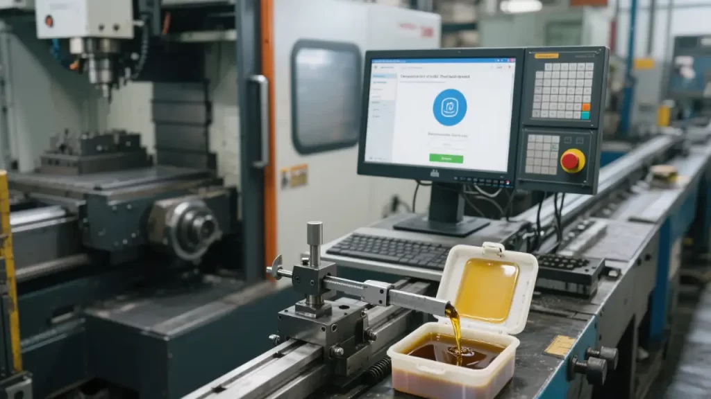 A CNC machine is equipped with a monitoring screen and a container of cutting fluid, which is related to the daily lubrication check and cooling system maintenance in the CNC machine maintenance calendar.
