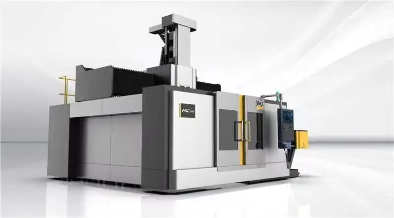 A photograph of the Hk3020 Bridge Type Five Axis Machining Center, a large industrial CNC machine used for precision manufacturing.