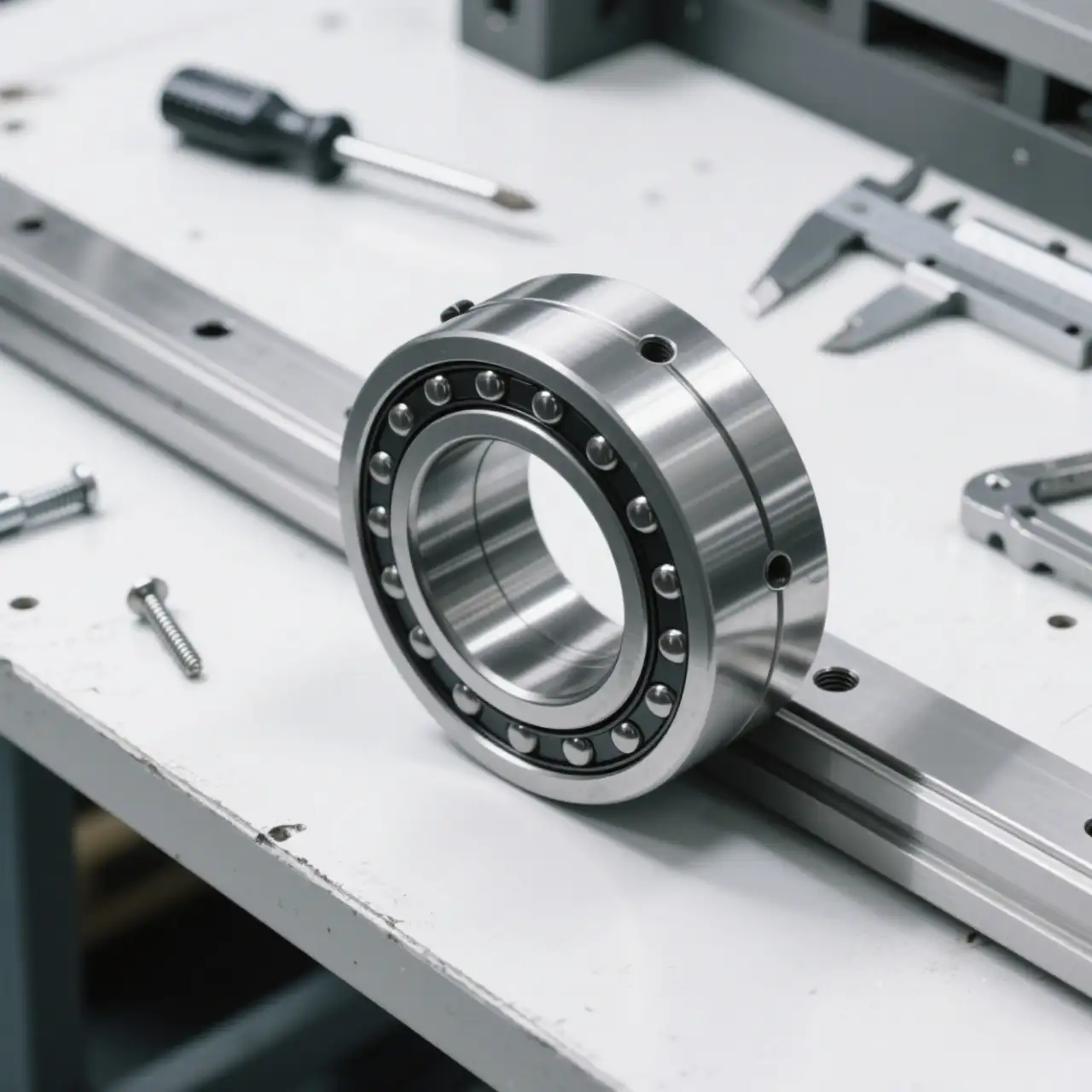 Metal linear bearings with smooth textured surface on a white workbench with screwdrivers and calipers next to them