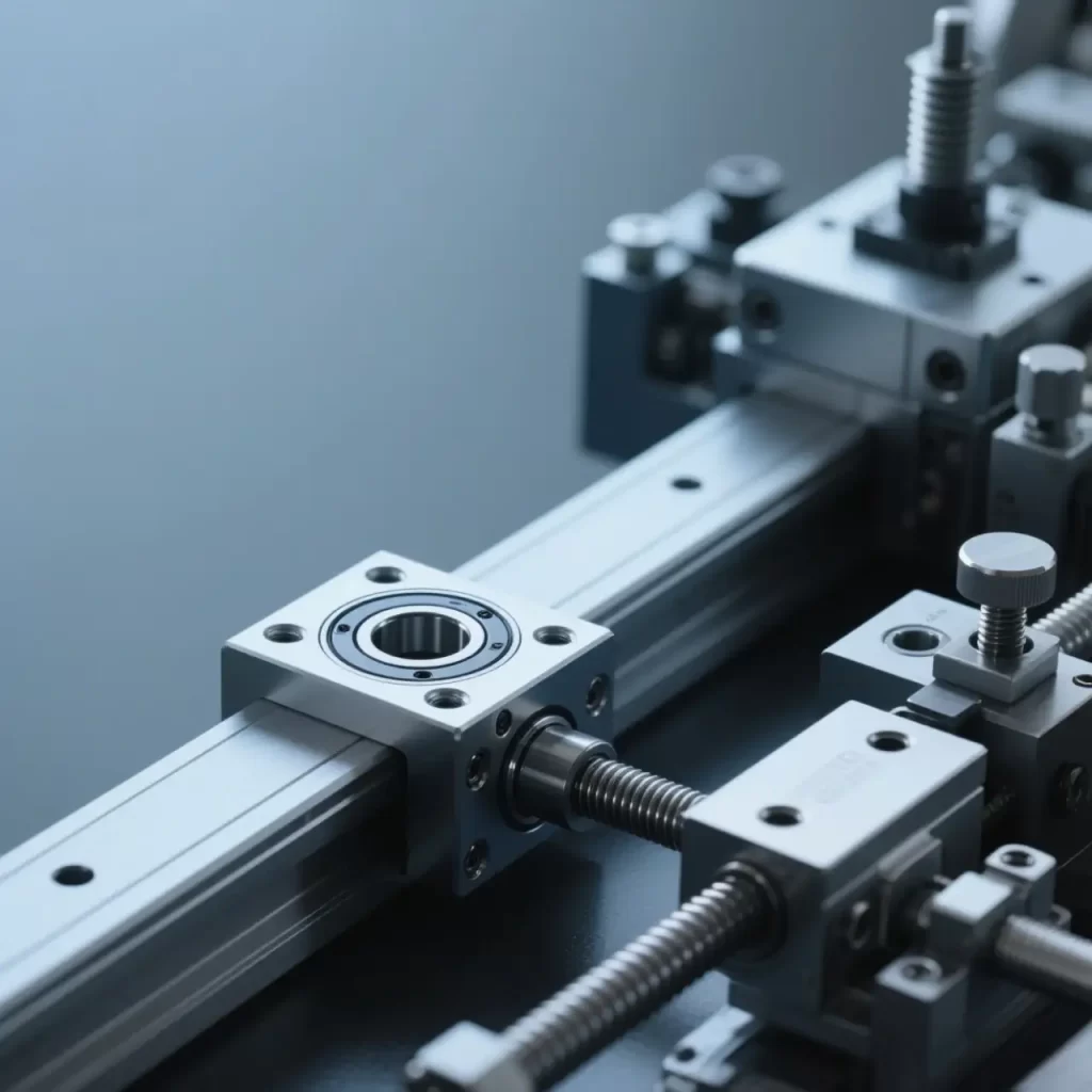 The linear bearing is installed on the mechanical guide rail, which is smooth and shiny, with a tight fit, and has a slider and a screw rod next to it.