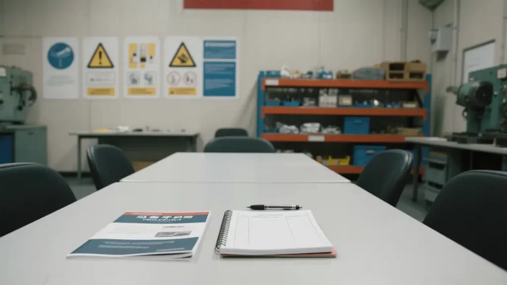 This picture shows a meeting table with a manual and a notebook in a workshop, which can be used for safety training and discussion on CNC machine maintenance precautions.