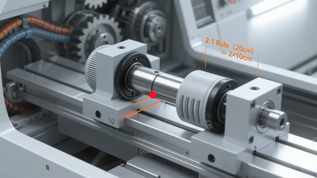 A CNC machine spindle system. Highlights 2:1 rule: load center distance (20cm) equals twice the bearing - to - reference distance (10cm), shown with orange lines and a red dot marking the load center.