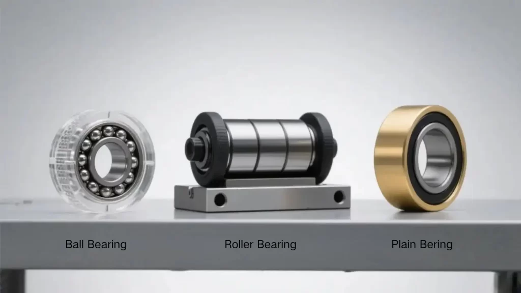 Photo of three bearings on a metal platform. From left: Transparent ball bearing, roller bearing with black end caps on a metal base, gold - colored plain bearing.