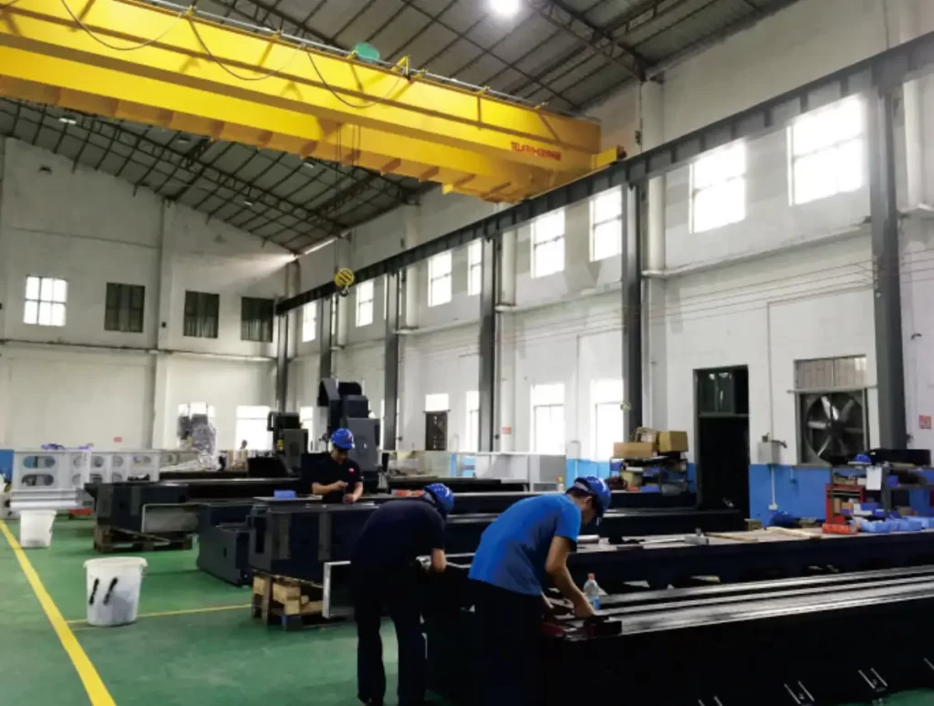 A CNC machine shop panorama shows G-code controlling motion and M-code managing processes, enabling large-scale, precise manufacturing.