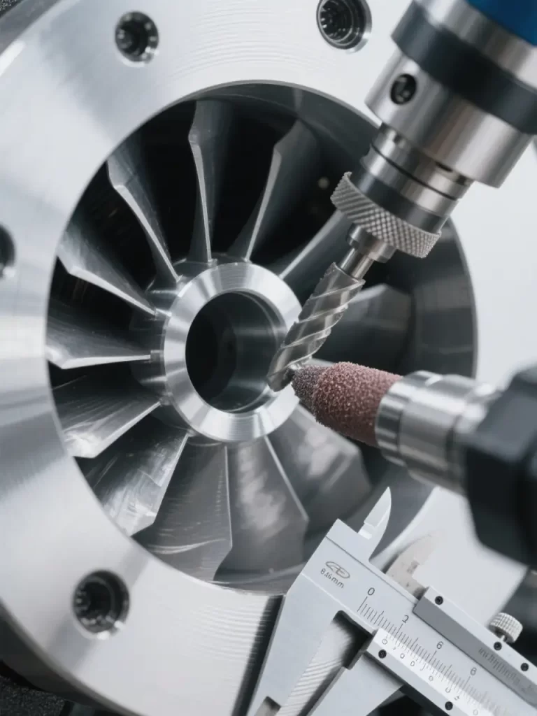 Extreme close-up of a CNC-ground aerospace component, highlighting a mirror-like surface and micron-level accuracy, with a measuring caliper in frame.