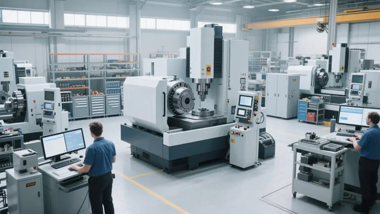 A panoramic view of a modern factory floor with CNC grinders, organized tooling, and workers overseeing precision machining operations.