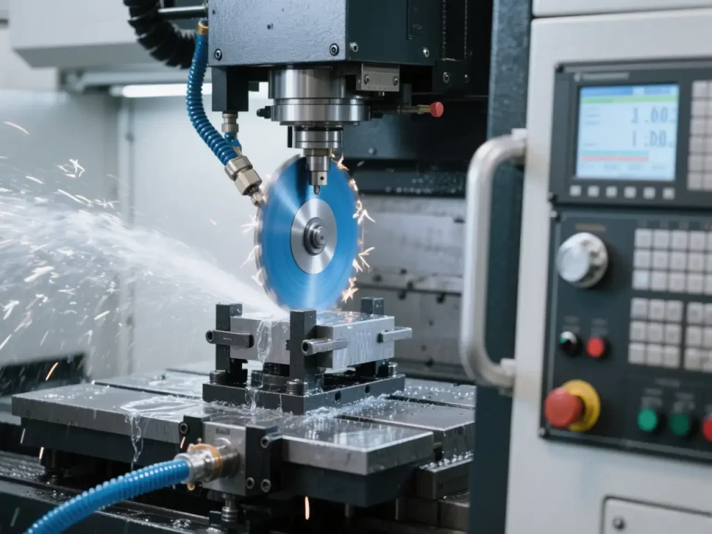 Close-up of a CNC grinder in operation: a spinning wheel cuts metal, coolant sprays to cool, and sparks fly during high-precision grinding.