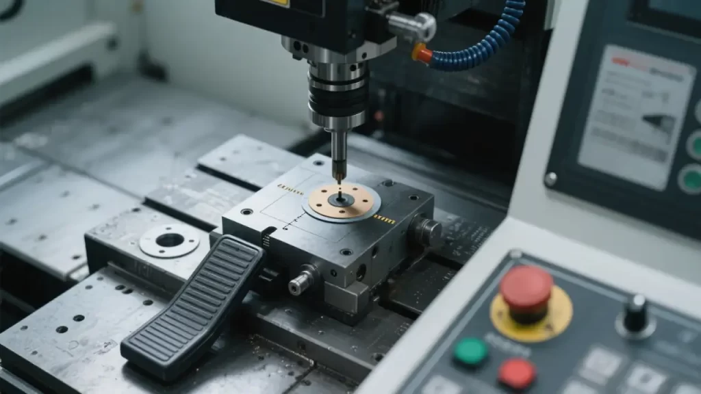 CNC machine control panel area with buttons and a workpiece, showing the interface beginners need to familiarize with.