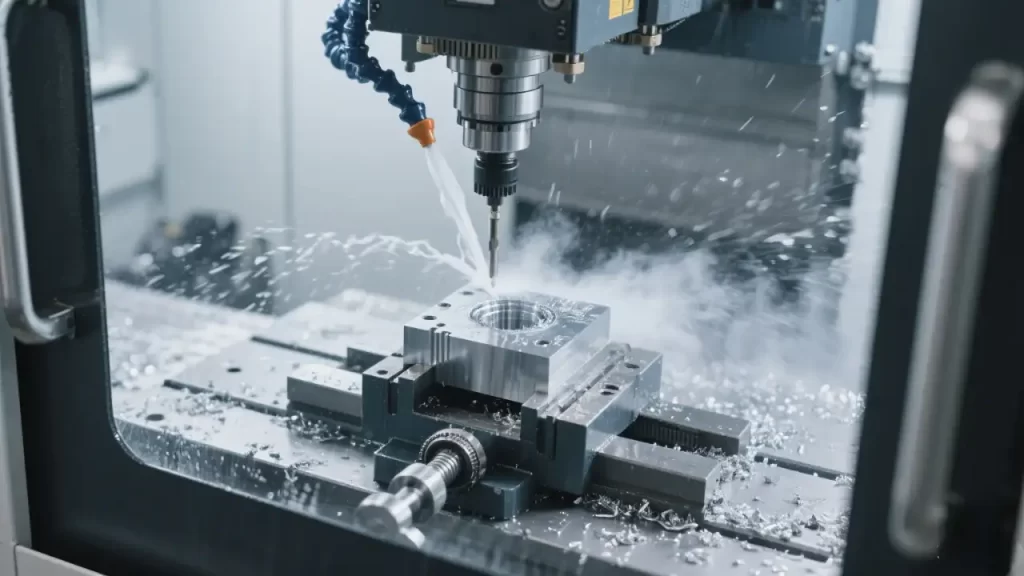 A CNC machine cuts a metal block with coolant spraying, chips flying, showcasing the active machining process in a workshop setting.