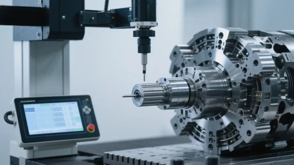 A coordinate measuring machine precisely inspects a machined metal part, ensuring dimensional accuracy in CNC