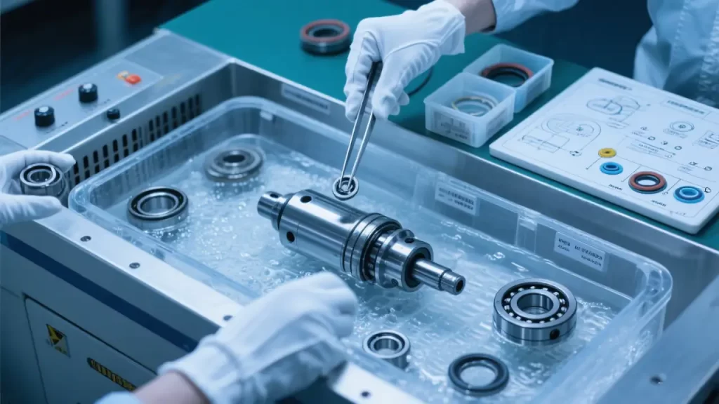 On a lint-free cloth-covered bench, sealable bags hold small parts. A technician uses a fixture to secure the spindle; another places bearings into an ultrasonic cleaner with clear liquid.