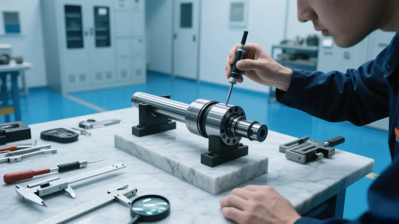 In a dust-free workshop, two technicians inspect a CNC spindle. One holds the housing, the other uses a micrometer on the journal. A magnifying glass and sealed spindle (with slight oil stains) lie on the workbench.