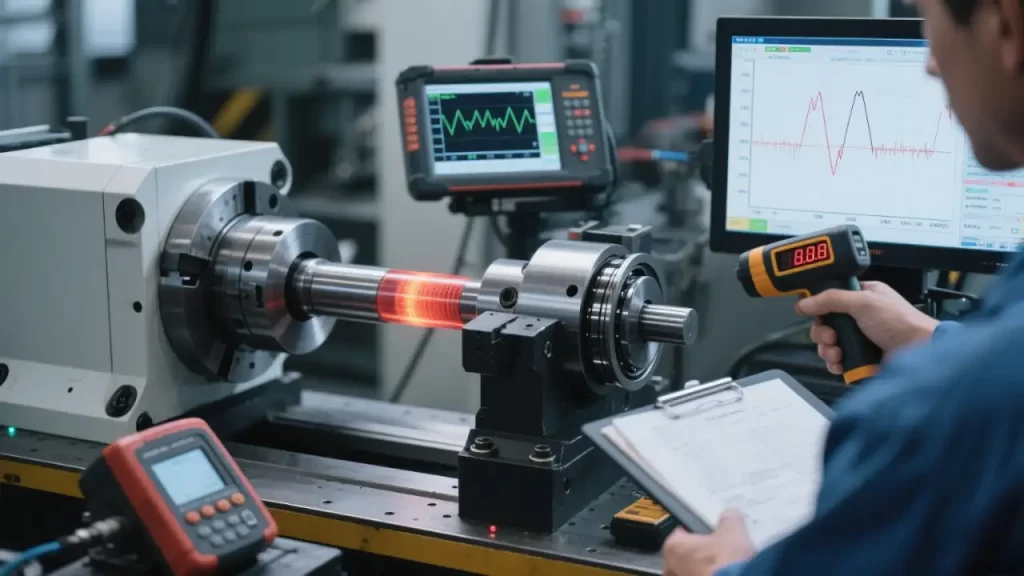 An assembled spindle is on a test rig, with a vibration analyzer probe and infrared thermometer attached. A technician observes the running spindle; instruments show real-time data.