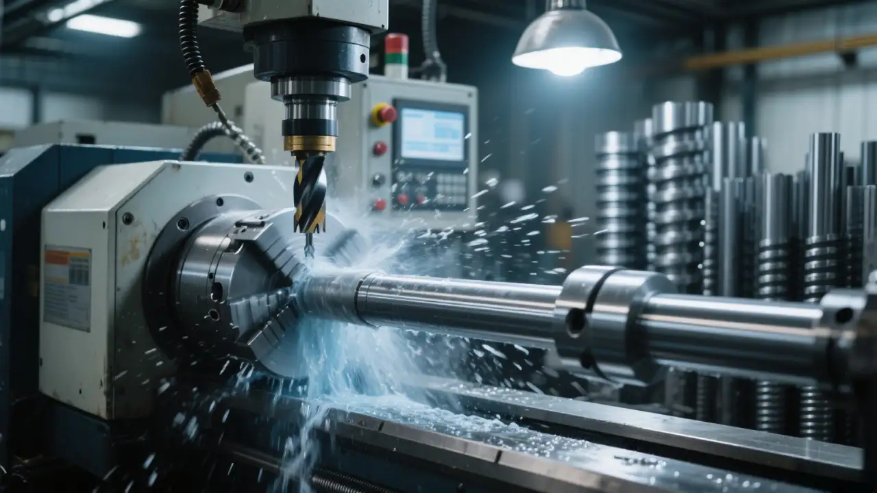 CNC lathe in operation, with spindle rotating the workpiece and tool feeding along the path, efficiently machining shaft-type rotational parts, and the equipment running automatically.