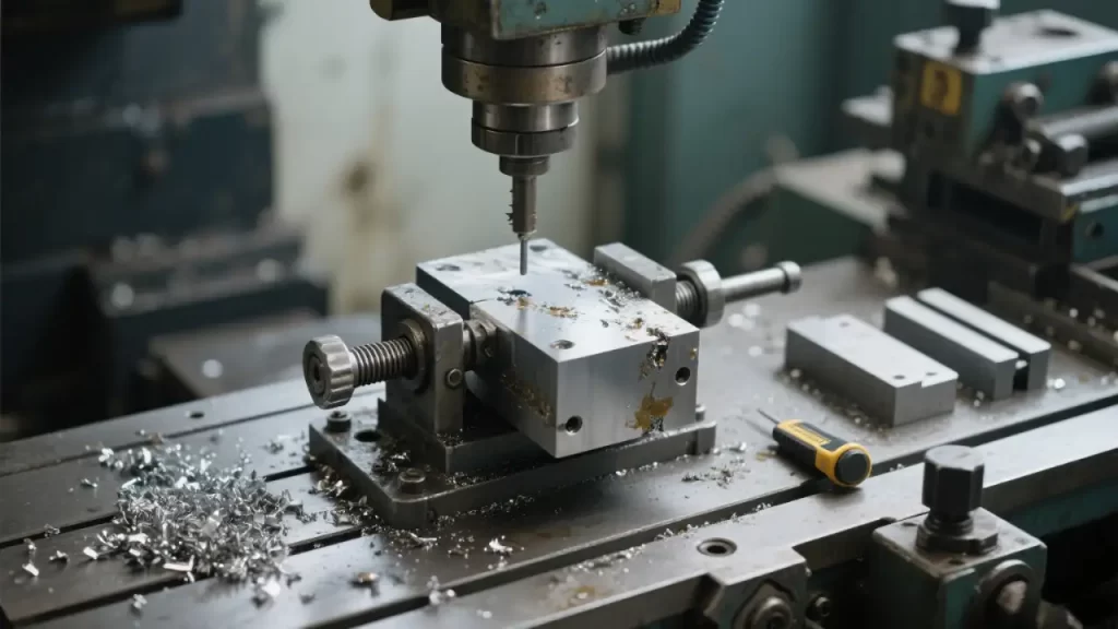 A CNC machine setup with a workpiece, clamp，and scattered chips, representing common setup mistakes for beginners.