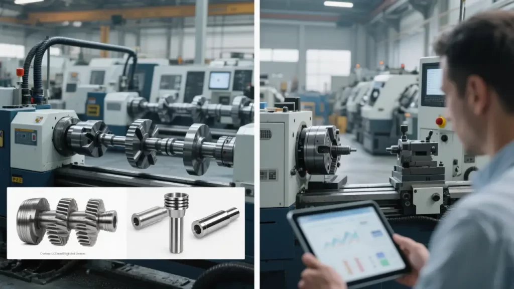 CNC lathe on the left machining shaft parts (efficient forming), grinder on the right grinding precision components (high precision), intuitively showing differences in their machining effects.
