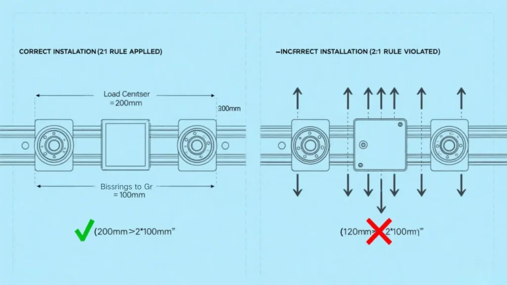 Diagram showing two setups of linear bearings. Left: Correct installation with 2:1 rule applied, load center 200mm, distance between bearings 100mm (200mm > 2100mm). Right: Incorrect installation violating 2:1 rule, load center 120mm (120mm < 2100mm).