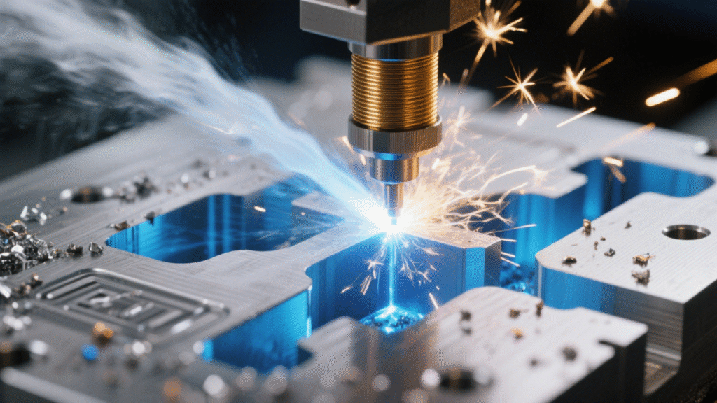 Extreme close - up of EDM wire cutting: sparks, molten metal removal, and high - temperature discharge between the electrode wire and workpiece.