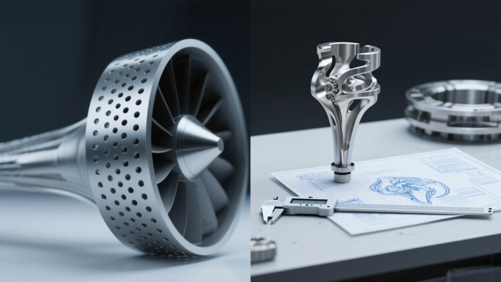 Two precision parts: an aerospace turbine blade (left) and a medical implant (right) with a caliper, demonstrating EDM’s role in high - precision industries.
