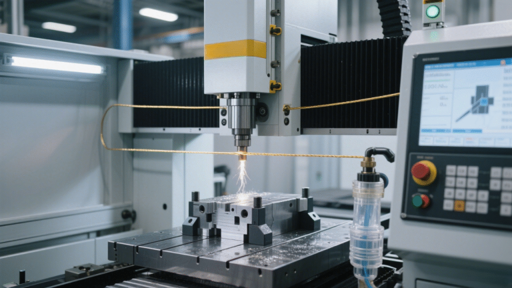 A wire EDM machine cutting metal with sparks flying, showing the electrode wire, coolant system, and CNC control interface in a factory setting.