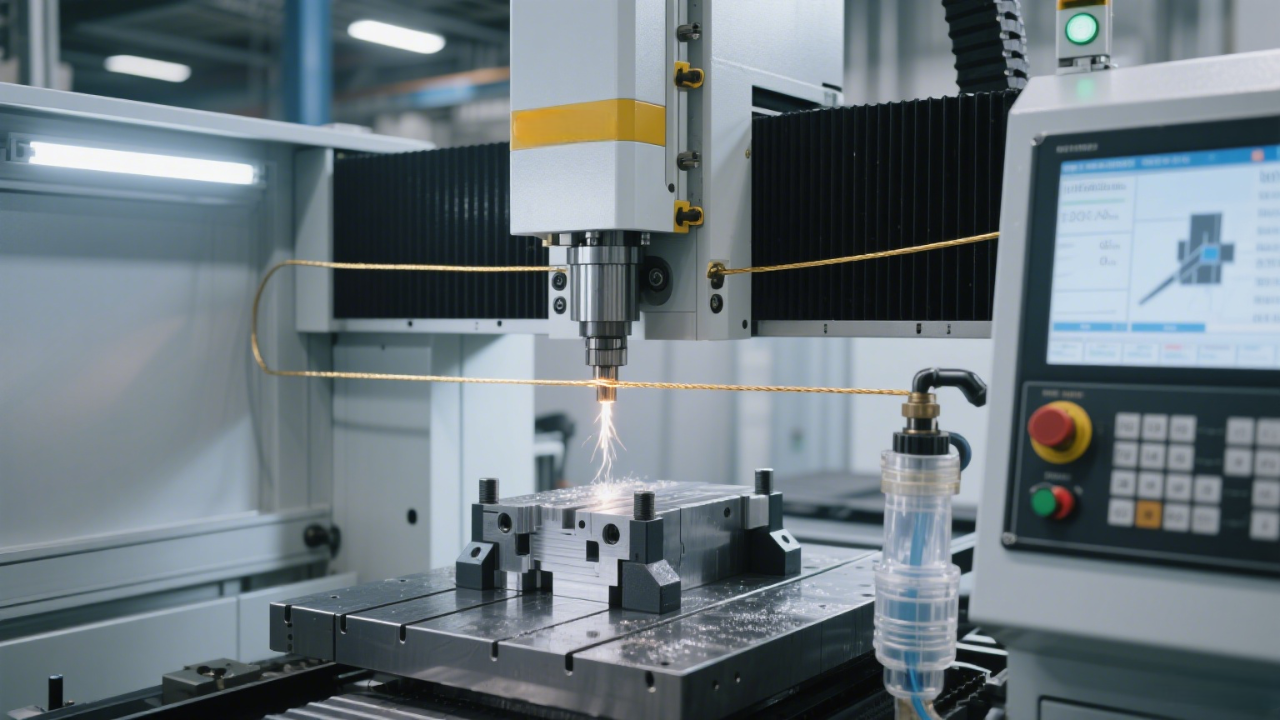 A wire EDM machine cutting metal with sparks flying, showing the electrode wire, coolant system, and CNC control interface in a factory setting.