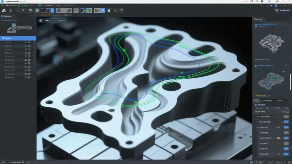 Operation interface of CAM software, displaying a 3D model of a complex curved surface part and colored tool path planning. It reflects the optimization of tool trajectories by software in CNC machining technology, used for programming and simulation verification of precision mechanical processing equipment.