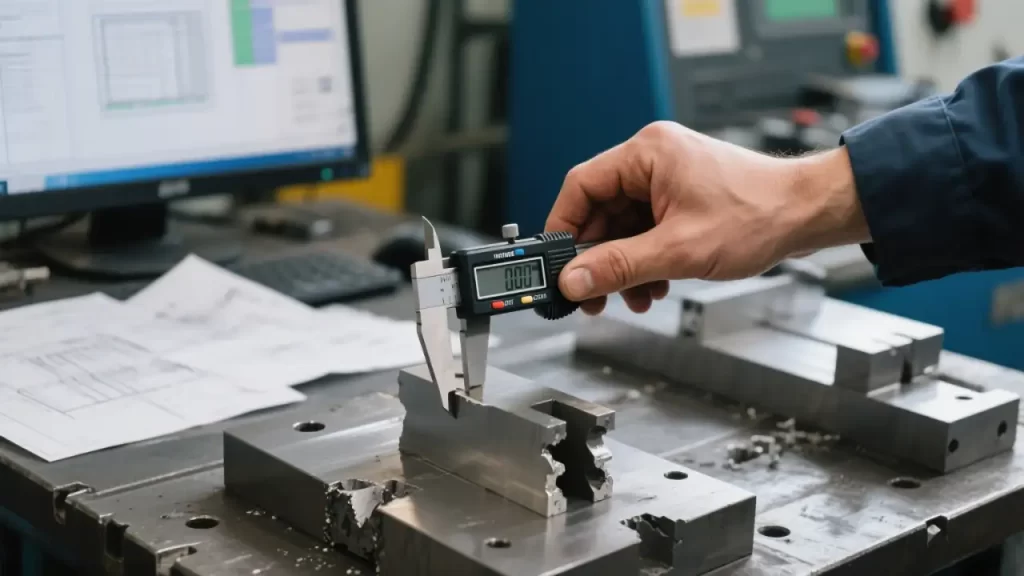 A hand uses a digital caliper to measure a machined metal part, with blueprints and a computer in the background, highlighting quality control.