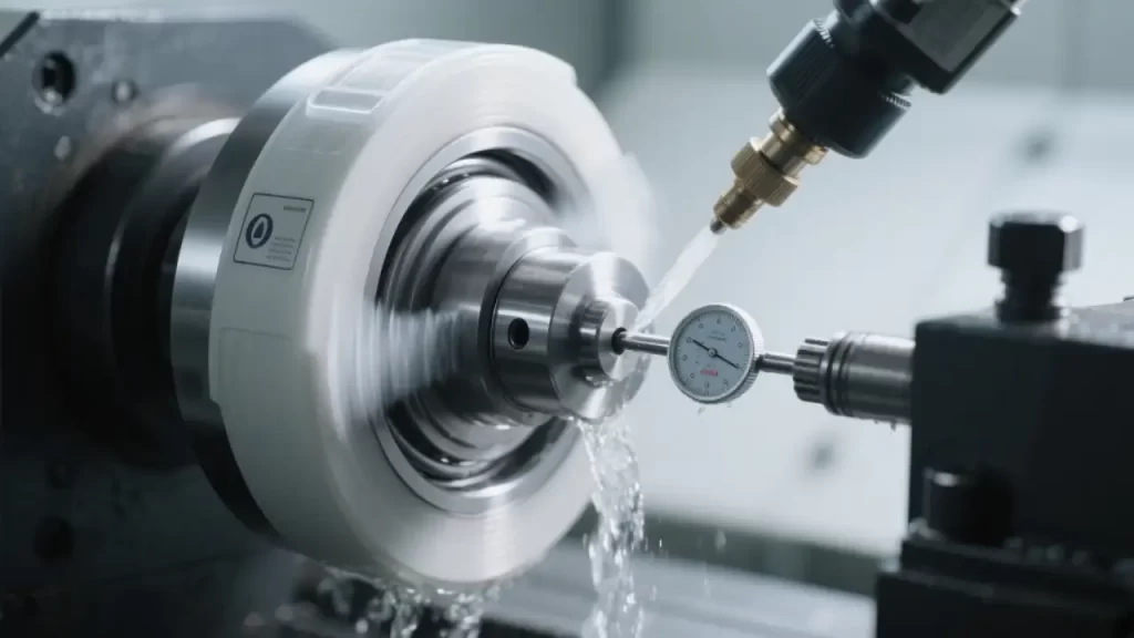 CNC grinder in working state, with a high-speed rotating grinding wheel performing micro-grinding on the workpiece surface, focusing on high-precision finishing, and the workpiece surface having excellent finish.