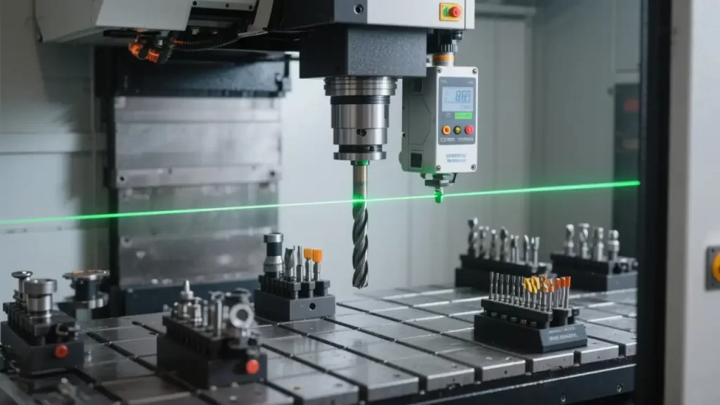 CNC machine performs tool calibration with a laser system, surrounded by various cutting tools, critical for precise machining operations.