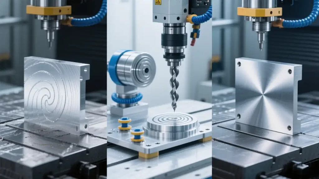 Split-screen comparison of aluminum thin-wall part before/after optimization, showing surface finish improvement and machining fixtures.