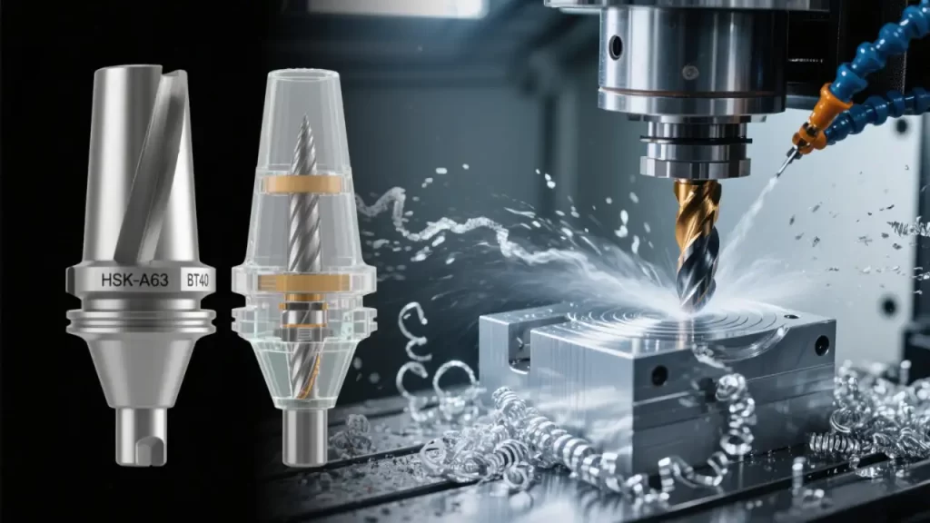 HSK-A63 vs BT40 tool holders comparison with dynamic aluminum cutting scene, curly metal chips and MQL spray visible.