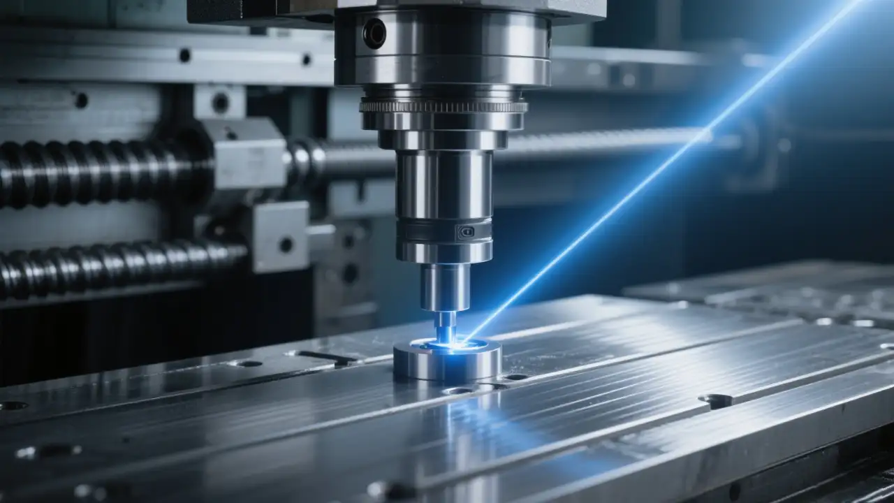 Close-up of CNC milling machine spindle with laser interferometer measurement, showing precision mechanical structure and metal textures.