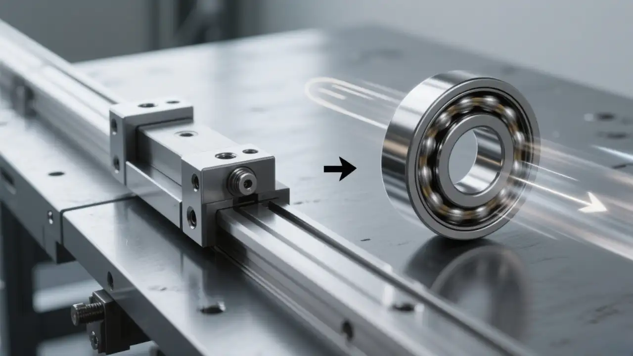 Illustration of linear bearing moving along a straight rail vs ball bearing rotating around an axis, demonstrating motion type differences
