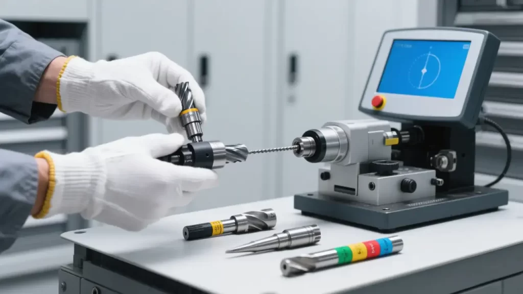 A technician in white gloves uses a tool presetter, holding a mill for measurement. Various tools rest on the table, and a blue cursor appears on the presetter’s screen, highlighting precise tool management.