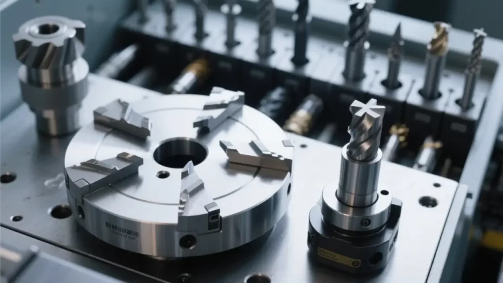 Various CNC tools like a chuck and end mill arranged neatly.