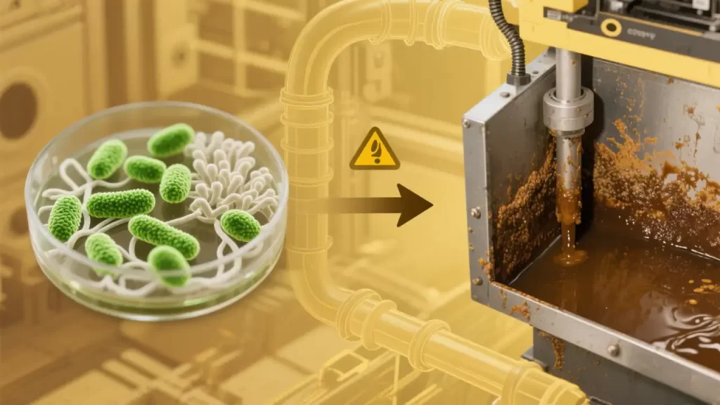 Bacteria in a petri dish connect via an arrow to an industrial machine with brown liquid, relevant to CNC machine coolant.