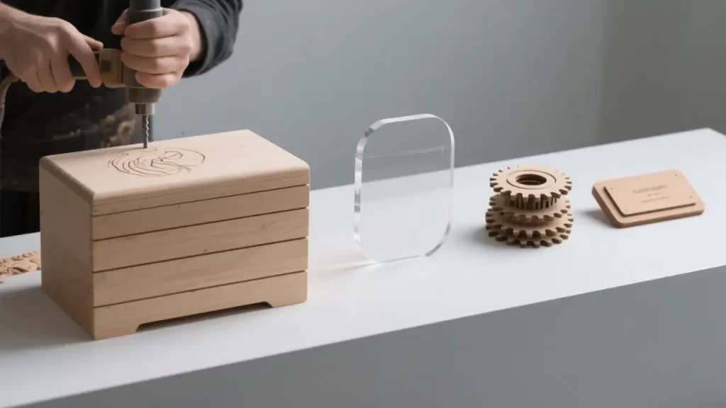 A desktop CNC router processes an oak board, with an unfinished wedding logo board fixed on the table. Completed identical products are stacked nearby, demonstrating the execution of commercial orders.