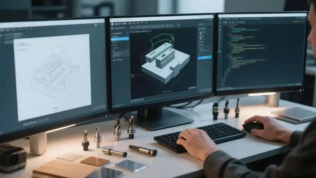 A laptop on a desk displays a CNC router CAM software interface, with a wooden workpiece to be processed beside it. The scene shows the full workflow from software operation to workpiece preparation.