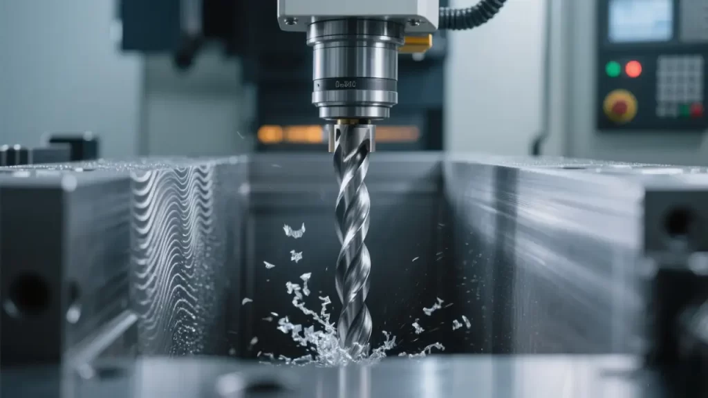 A CNC drill bit cutting metal with swarf flying, in a machining center.